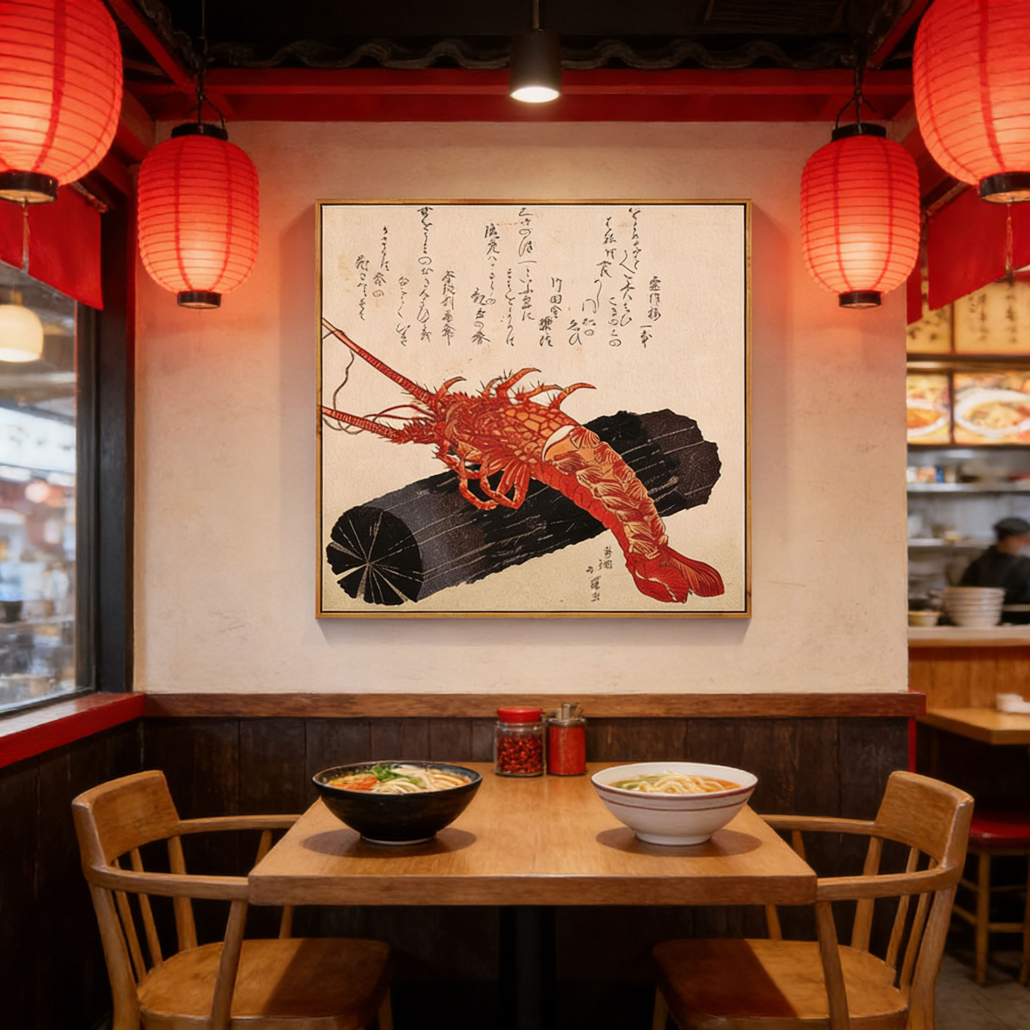 Japanese Restaurant Lifestyle - สไตล์อุคิโยะ-เอของญี่ปุ่น โปสเตอร์ผ้าใบลายกุ้งมังกร อาหารทะเลแบบดั้งเดิม ภาพพิมพ์ลายไม้ ร้านอาหาร ซูชิบาร์
