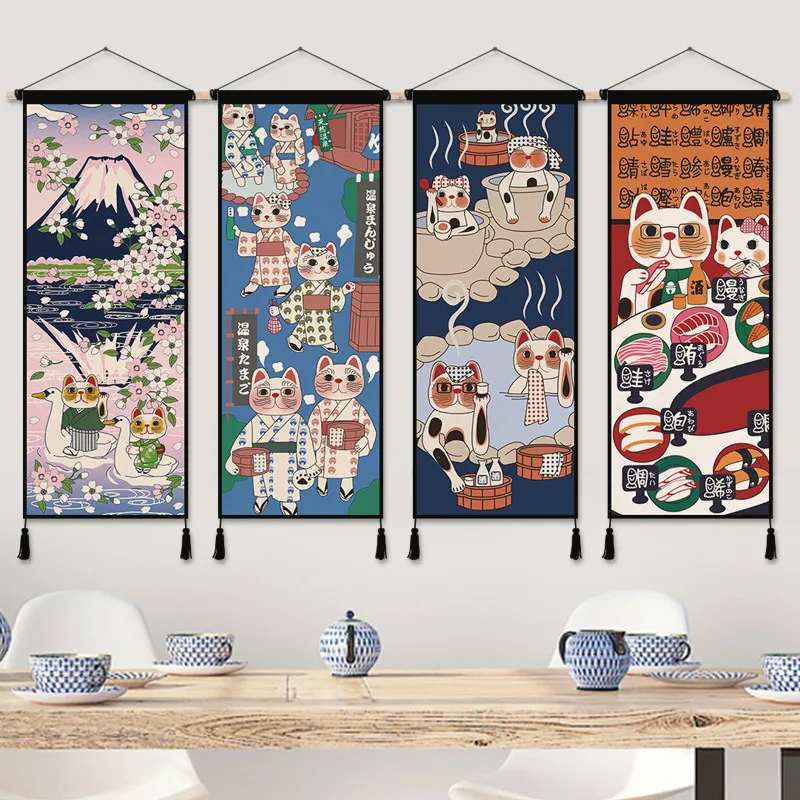 Japanese Restaurant Lifestyle - ญี่ปุ่น Lucky Cat ผ้าศิลปะอะนิเมะโปสเตอร์ห้องนอนห้องนั่งเล่น Tapestry ร้านอาหารผนังตกแต่งผ้าใบตกแต่งห้องความงาม