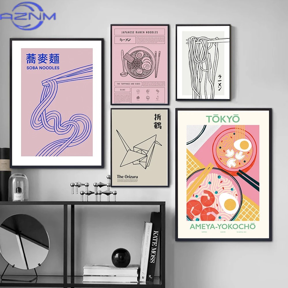 Japanese Tokyo Lifestyle - AZNM AZNM โปสเตอร์ครัวญี่ปุ่น ภาพวาดติดผนังโซบะ ออริกามิ ภาพวาดบนผ้าใบแบบนามธรรม